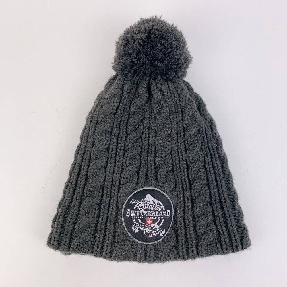 Switzerland Irreplaceable Goods Cable Knit Charcoal Gray Puff Beanie Hat